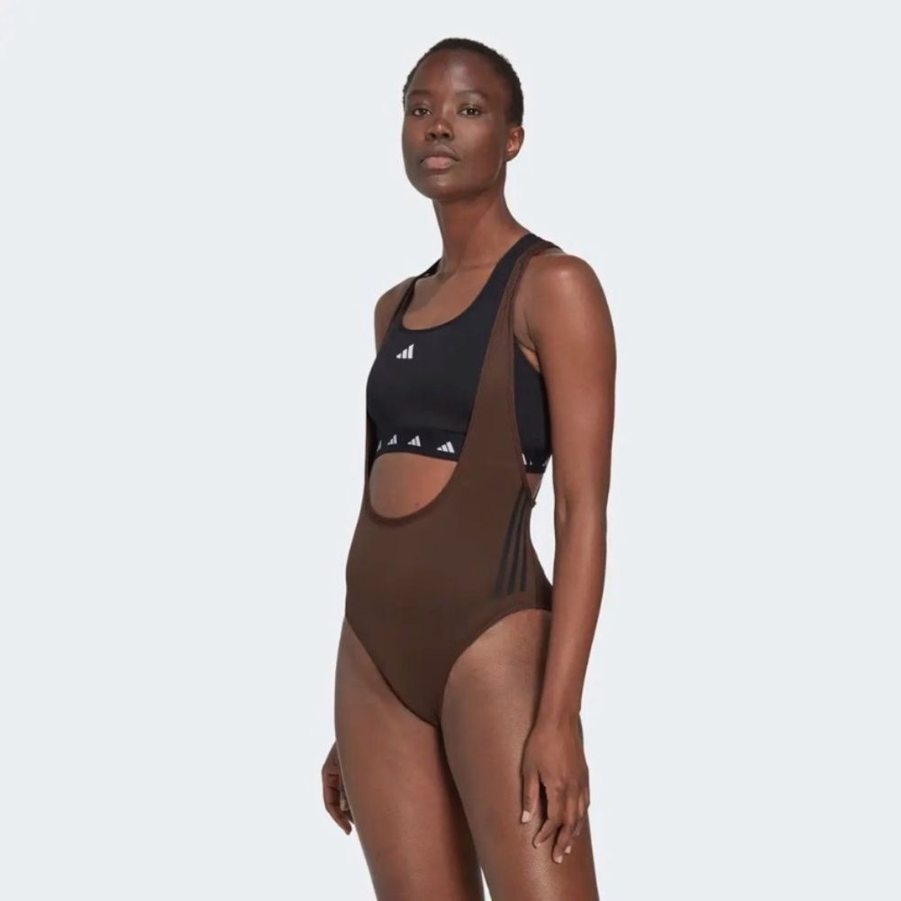 NWT Adidas Train Icons 3 Stripe Leotard Brown Cutout One-Piece Sz XL